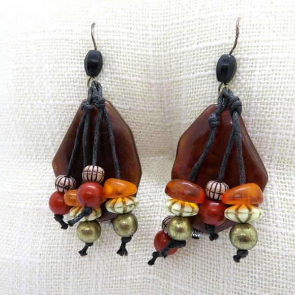 Vintage Artisan Handcrafted Pierced Earrings 2" Dangle Brown White Orange Beads - Picture 1 of 10